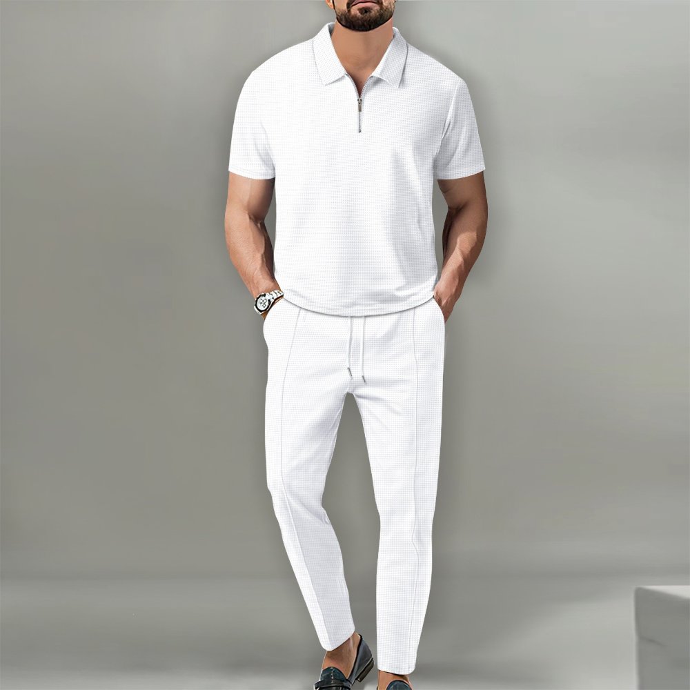White polo and trouser catalogue outfit colourway